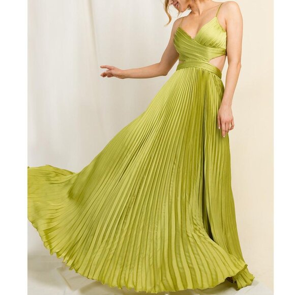 Lime Green Pleated Cutout Formal Wedding Guest Party Maxi Dress 8 - Picture 1 of 5